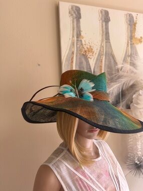 Nordstrom Multicolor Wide-Brim Sun Hat with Turquoise Feather